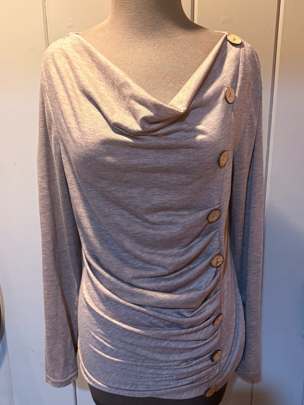Draped Button-Accent Long Sleeve Top in Light Taupe